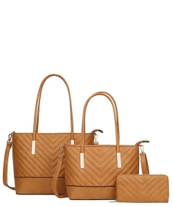3in1 Plain V Stitching Tote Bag With Matching Bag And Wallet Set BN-CC-8557-S BROWN
